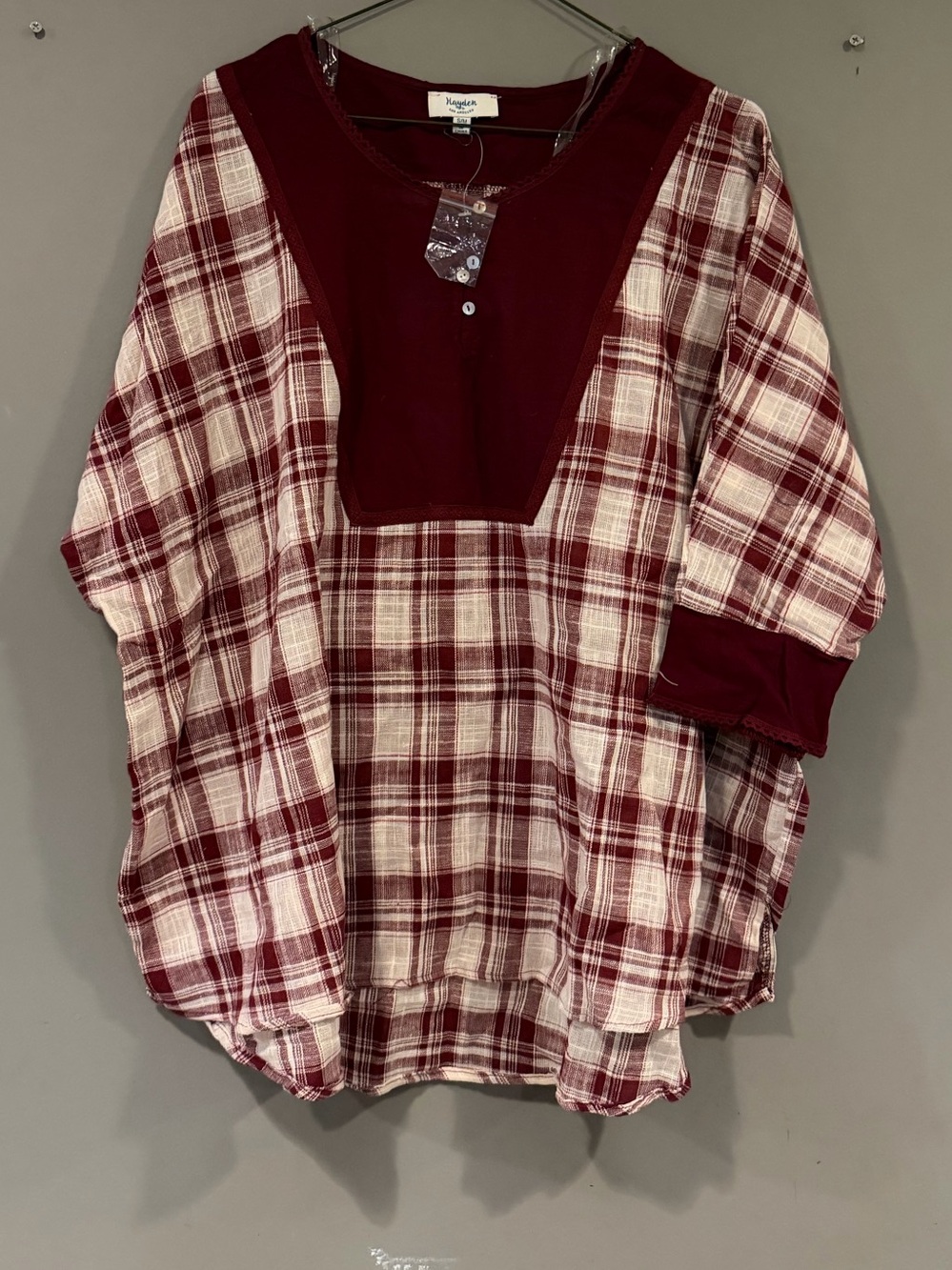 Hayden Los Angeles Plaid Boho Top in a burgundy and cream colorway